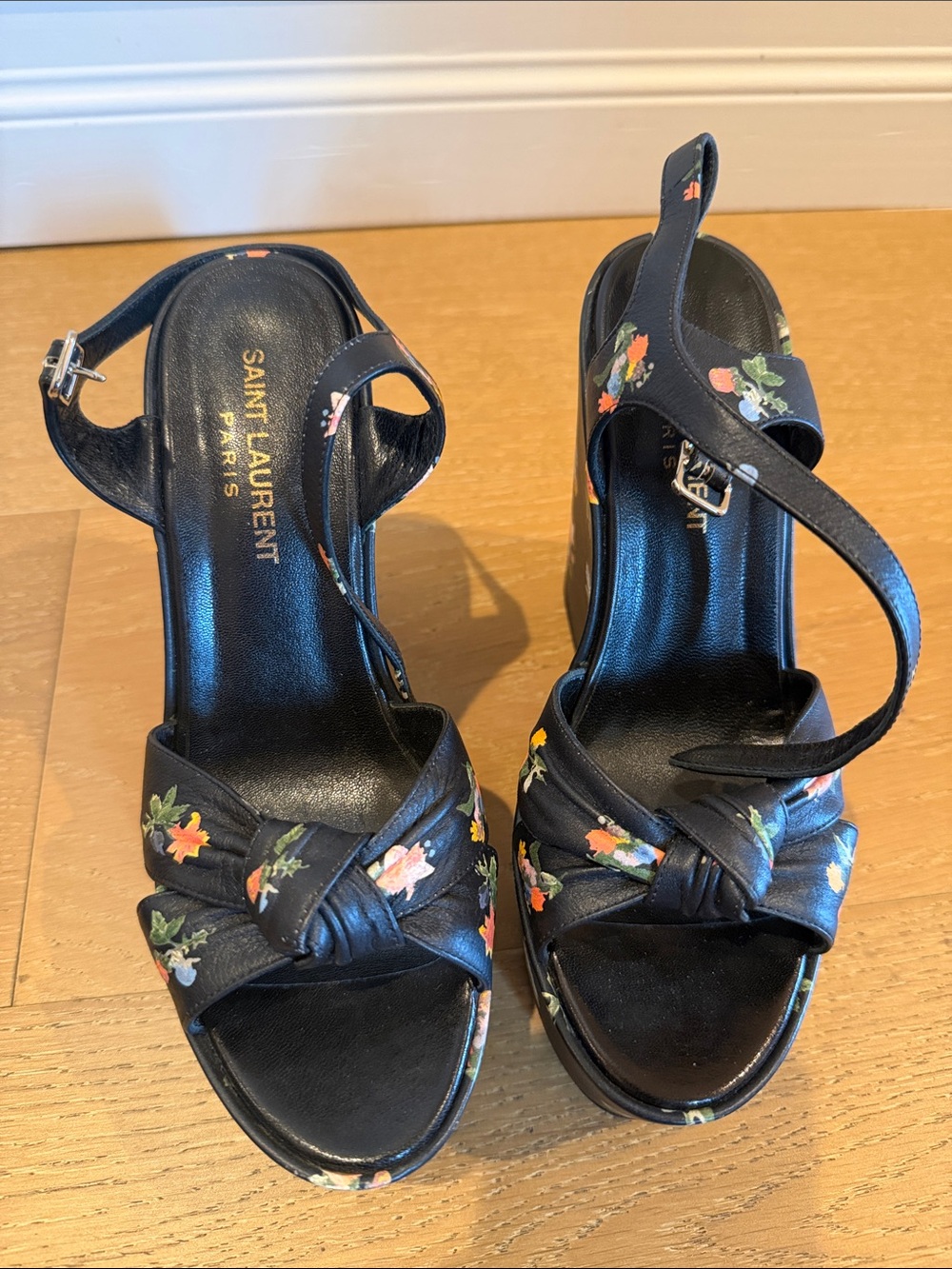 Saint Laurent Black Floral Knot Platform Sandals with Orange and Pink Accents